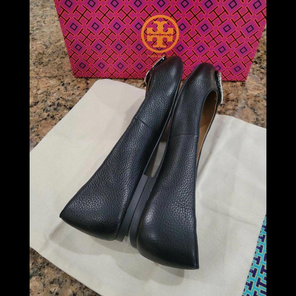 TORY BURCH Silver Logo Claire Black TUMBLED LEATHER BALLET Flat Womens Shoe 10.5 - Picture 6 of 12